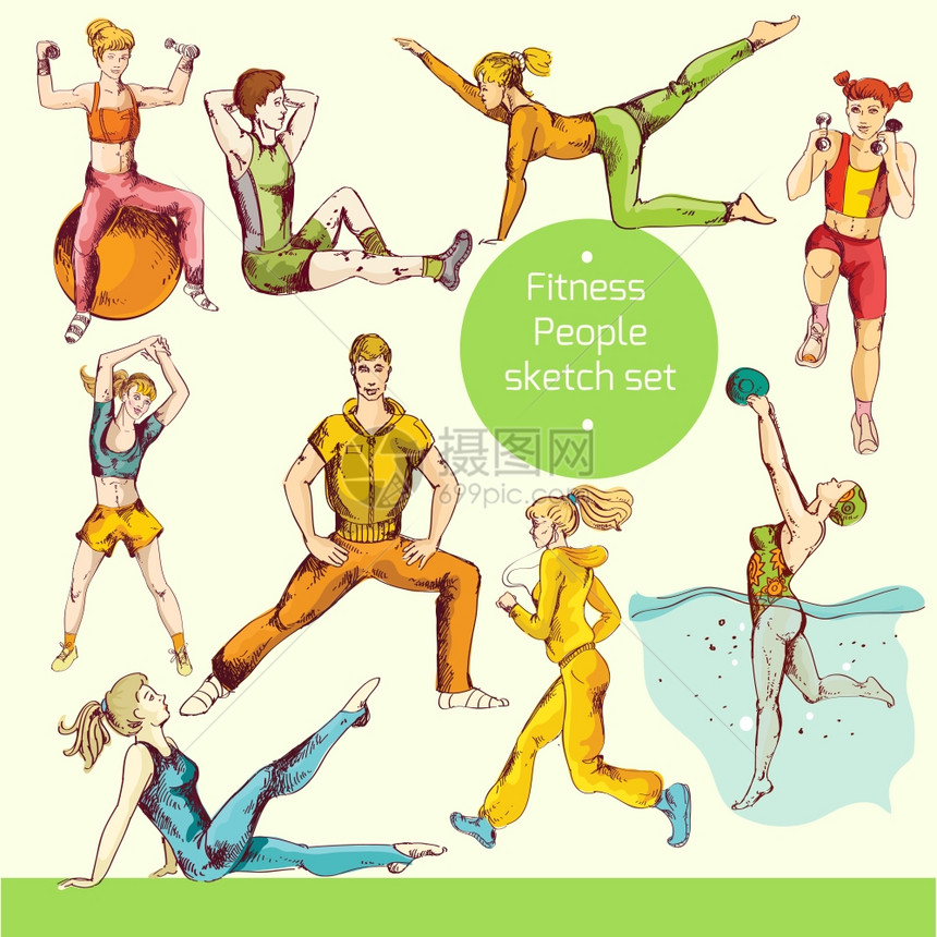 健身者运动训练健康体育锻炼素描彩色装饰图标孤立矢量插图图片