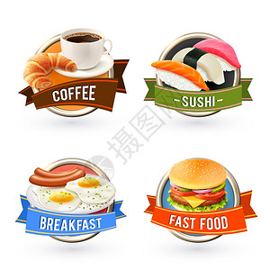 培根寿司早餐标签咖啡,寿司,煎蛋,快餐,插画