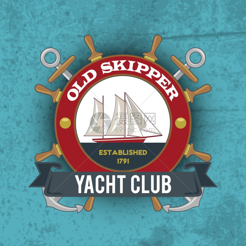老式航海老船长游艇俱乐部标志与帆船矢量插图