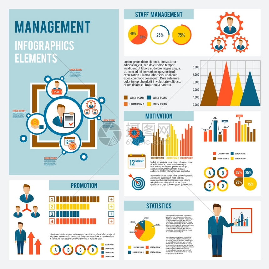 管理信息集与统计动机促进元素图表矢量插图图片
