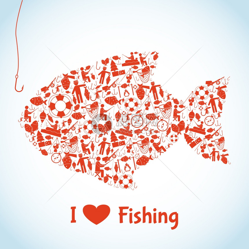 喜欢钓鱼的与户外活动图标鱼的形状矢量插图图片