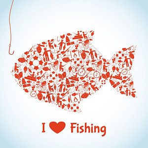 鱼形状喜欢钓鱼的与户外活动图标鱼的形状矢量插图插画