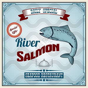 炮弹海鲜餐厅复古海报与河流鲑鱼矢量插图插画