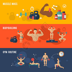 健美水平横幅肌肉质量健身房常规元素孤立矢量插图背景图片