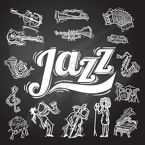 爵士音乐装饰图标黑板与乐器音乐家乙烯基隔离矢量插图图片