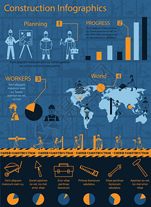 建筑信息图表与工程师工人设备图表世界矢量插图图片