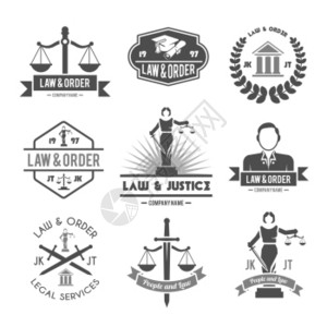 法律秩序与预防犯罪女士司法符号收集黑色标签象形文字孤立矢量插图背景图片