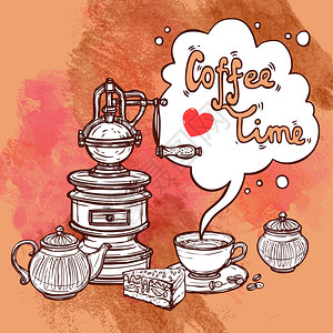 咖啡时间素描背景与杯壶蛋糕矢量插图图片