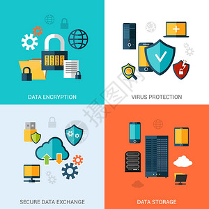 数据保护集与加密安全存储平图标隔离矢量插图背景图片