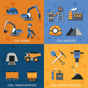 煤炭设备煤炭工业集与采矿运输库存平图标孤立矢量插图插画