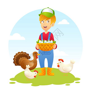 农民妇女带着篮子鸡蛋鸡肉火鸡矢量插图图片