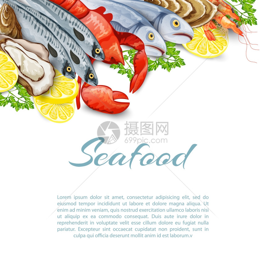 海鲜产品背景与鲑鱼虾蟹贝类软体动物矢量插图图片