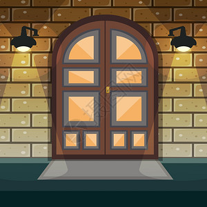 房屋入口经典的门口砖墙房屋立与家庭入口门灯光矢量插图插画