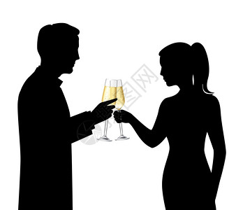 会合异恋夫妇喝香槟谈话庆祝场景矢量插图黑色轮廓插画