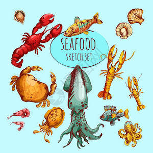 海鲜新鲜美食小品彩色装饰图标孤立矢量插图插画
