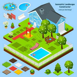 景观等距构造器与住宅花园草坪建筑元素矢量插图高清图片