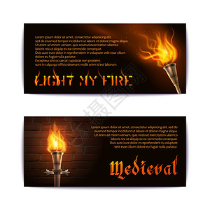水平横幅与现实火炬,中世纪消防灯元素矢量插图图片