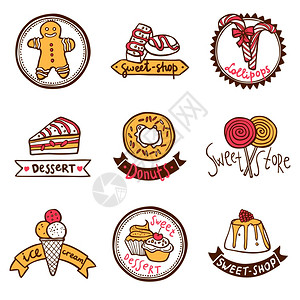 糖果蛋糕店甜甜圈甜点符号冰淇淋标志标签收集草图抽象孤立矢量插图图片