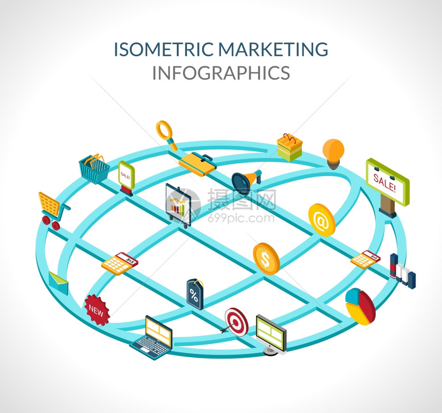 营销信息图集与等距图标全球矢量插图图片