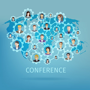 全球商务会议的与世界人齿轮连接矢量插图商业会议的图片