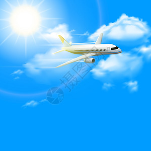 现实的飞机蓝色阳光明媚的天空与云的背景海报矢量插图图片
