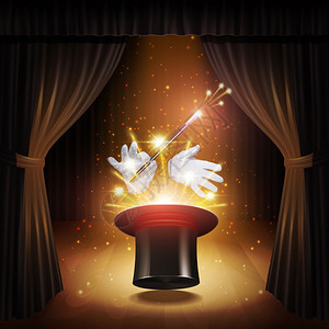 白色手套魔术海报与现实魔术师圆筒手套,并坚持窗帘背景矢量插图插画