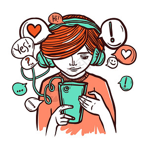 戴耳机的轻女孩与智能手机手绘矢量插图聊天戴着智能手机耳机的轻女孩图片
