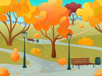 秋季公园2d游戏景观与橙叶树平矢量插图秋天的公园景观图片