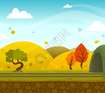 秋季铁路2d游戏景观与巷道丘陵背景平矢量插图铁路景观图片