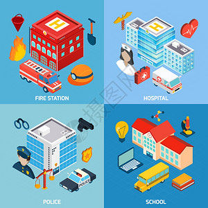 市政建筑与消防站医院学校等距图标隔离矢量插图市政建筑图片