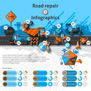 稿工程图道路修复信息集与建筑机器图表矢量插图道路修复信息图表插画