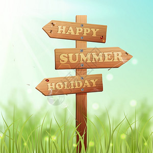 夏季草地背景矢量插图上的木箭头信息标志木制标志夏天图片