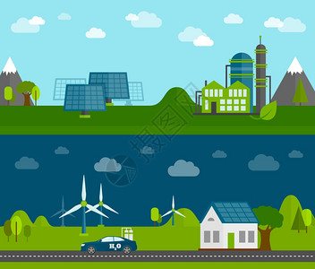 网络环境生物可充电绿色能源生产家庭太阳能系统平水平横幅抽象矢量插图生态能源平横幅插画