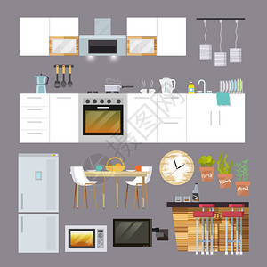 厨房内部家具装饰图标平孤立矢量插图厨房家具公寓图片