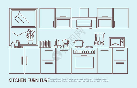 现代开敞厨房现代厨房家具室内与器皿装饰轮廓矢量插图厨房家具插图插画