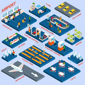 机场航站楼与客运休息区等距图标矢量图机场等距图片