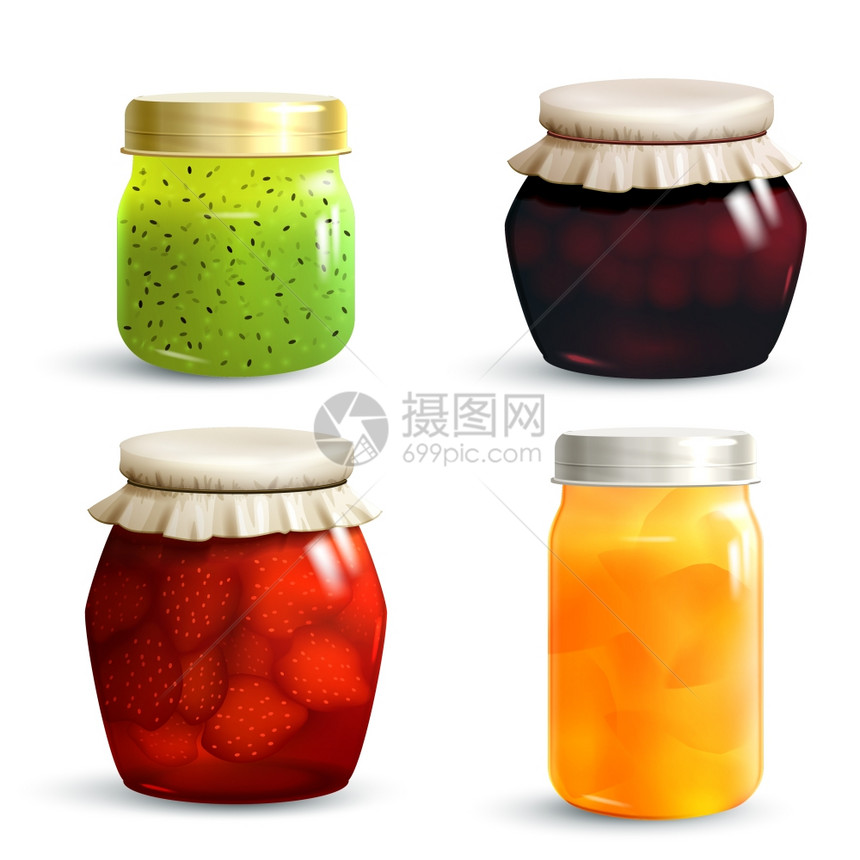 天然水果果酱蜜饯罐,配逼真的猕猴桃樱桃草莓桃子果酱分离矢量插图果酱罐套图片