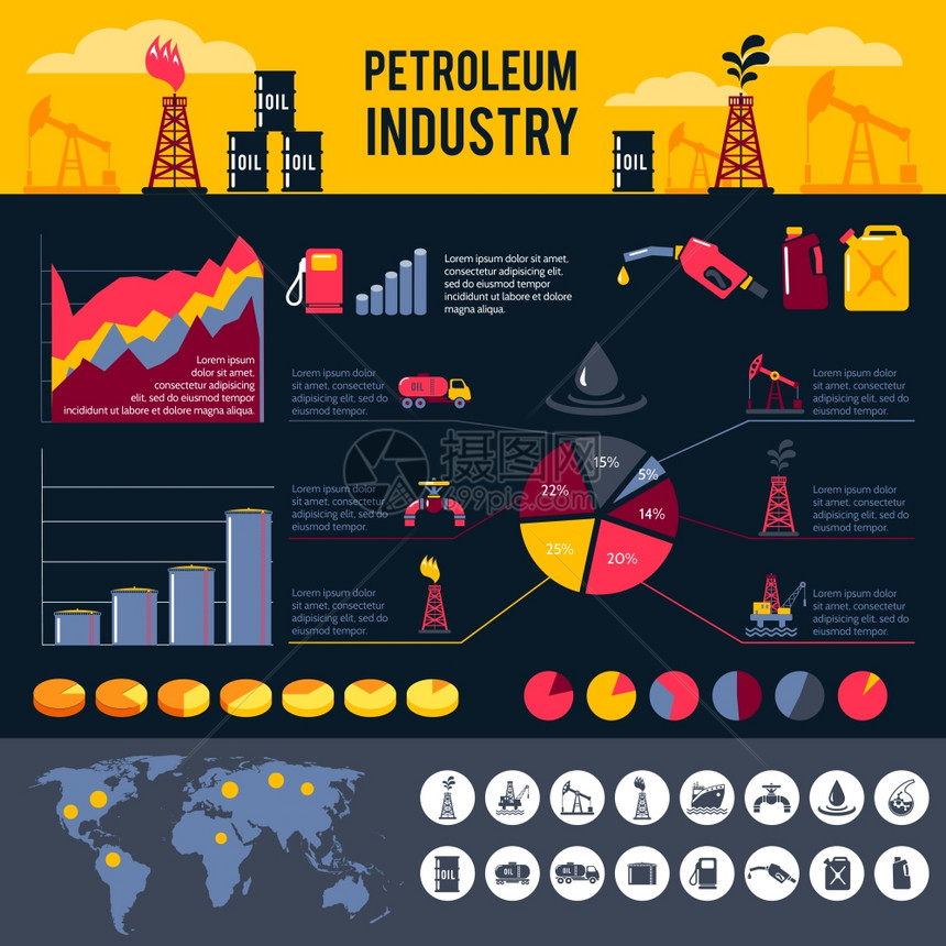 石油工业信息集汽油加工符号图表矢量插图石油信息图集图片