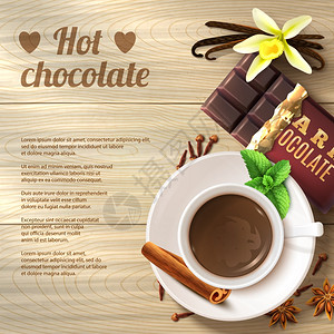 热巧克力饮料杯与香料木制背景矢量插图热巧克力背景图片