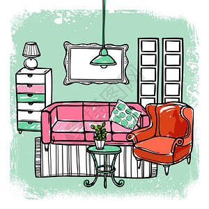 客厅室内模板与草图家具矢量插图家具素描插图图片