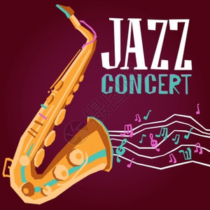 爵士乐音乐会宣传海报与萨克斯管平矢量插图带萨克斯管的爵士乐海报图片