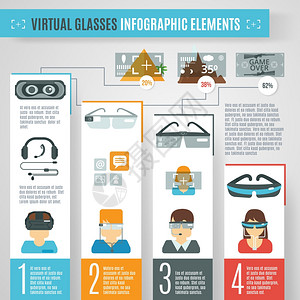 虚拟现实信息集与眼镜相机技术元素矢量插图虚拟眼镜信息图片