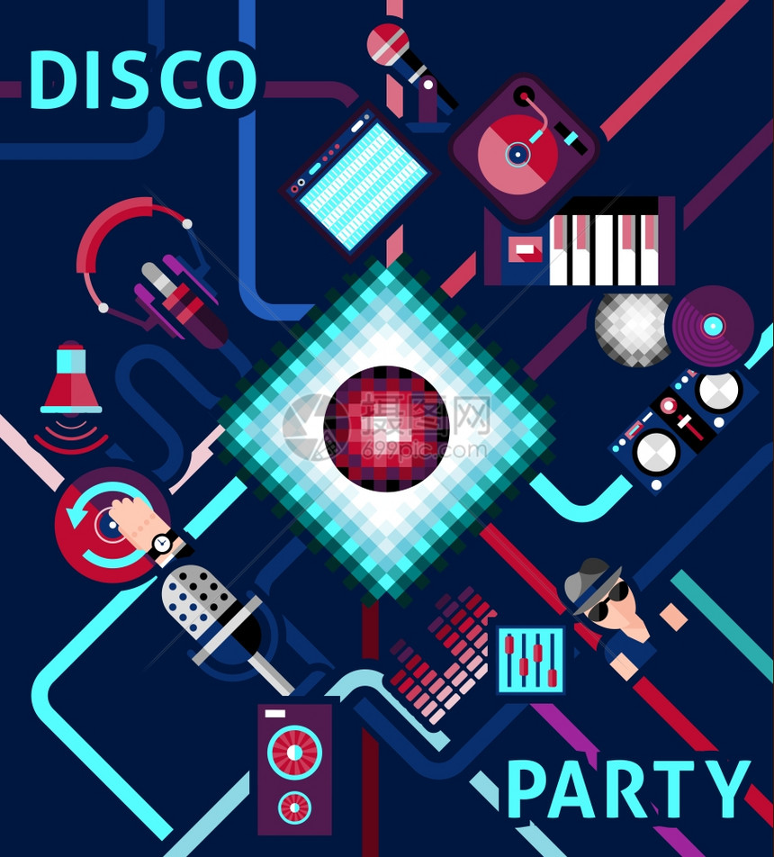 迪斯科派背景与电子音乐设备DJ图标矢量插图迪斯科派背景图片