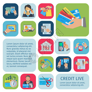 信用生活装饰图标平与支付计划,财务票据债务符号孤立矢量插图信用生活设定图片