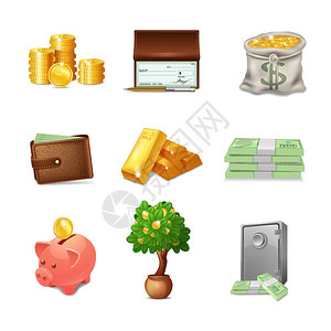 金融装饰图标与现实的货币钱包储蓄罐孤立矢量插图金融图标背景图片