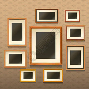 经典照片逼真的空画框墙上与纹理壁纸矢量插图墙上的相框插画