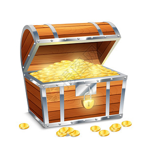 现实的老式海盗宝箱与金币隔离白色背景矢量插图硬币的箱子图片