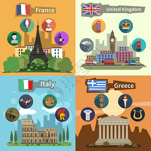 历史地标观光旅游希腊,法国,英国意大利平图标,构图,海报,抽象矢量插图历史地标平构图海报插画