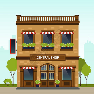 人行道砖砖建筑复古风格的商店立与城市背景平矢量插图商店正插图插画
