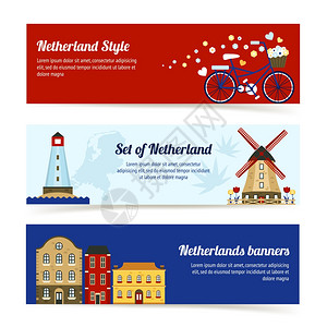 荷兰风车荷兰水平横幅与荷兰文化元素矢量插图荷兰水平横幅插画